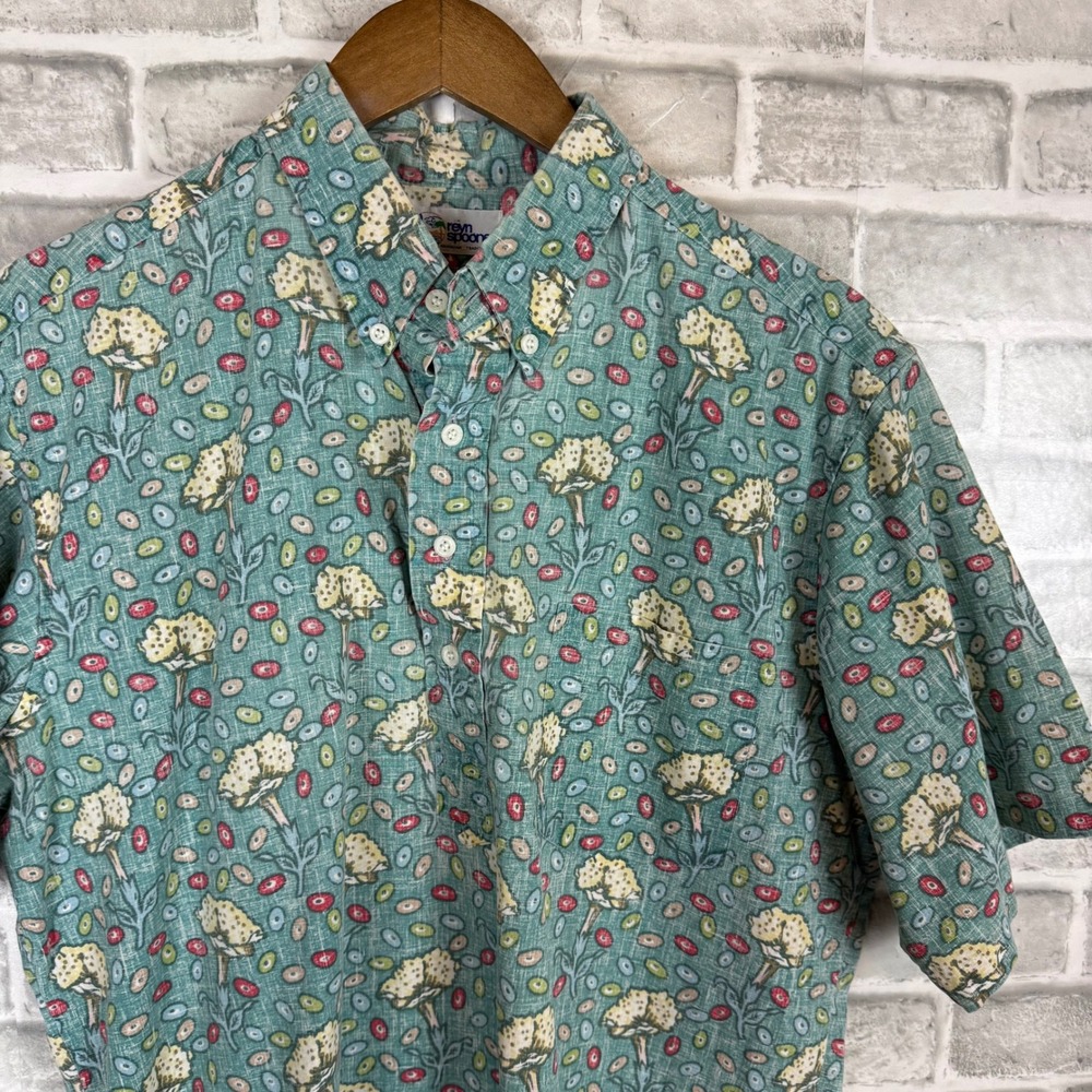 Reyn Spooner Mens Hawaiian Shirt Teal Floral Reverse Print Quarter Button MEDIUM